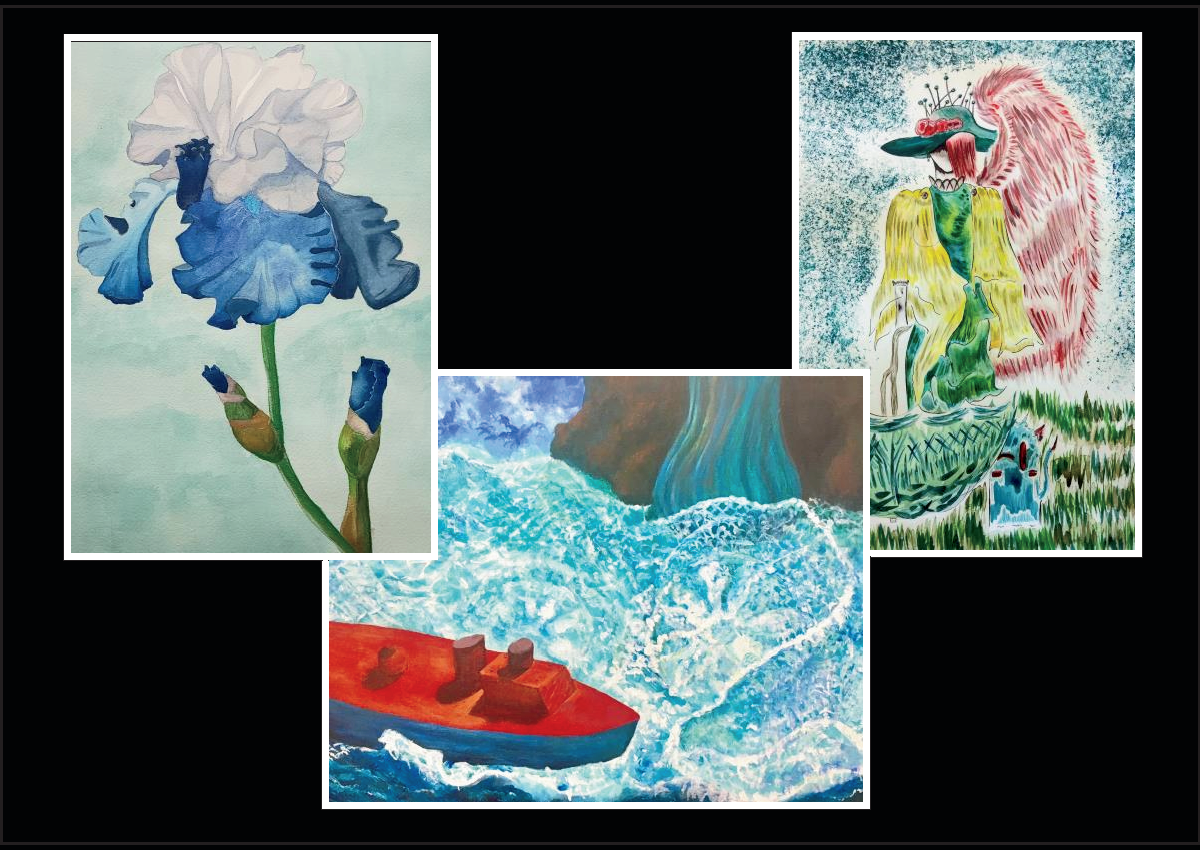 3 images of art created by the senior show participants, one is a blue and white flower, another a small boat and vase and third one is a female figure with pins in her hat and angel wings looking at herself in a mirror.