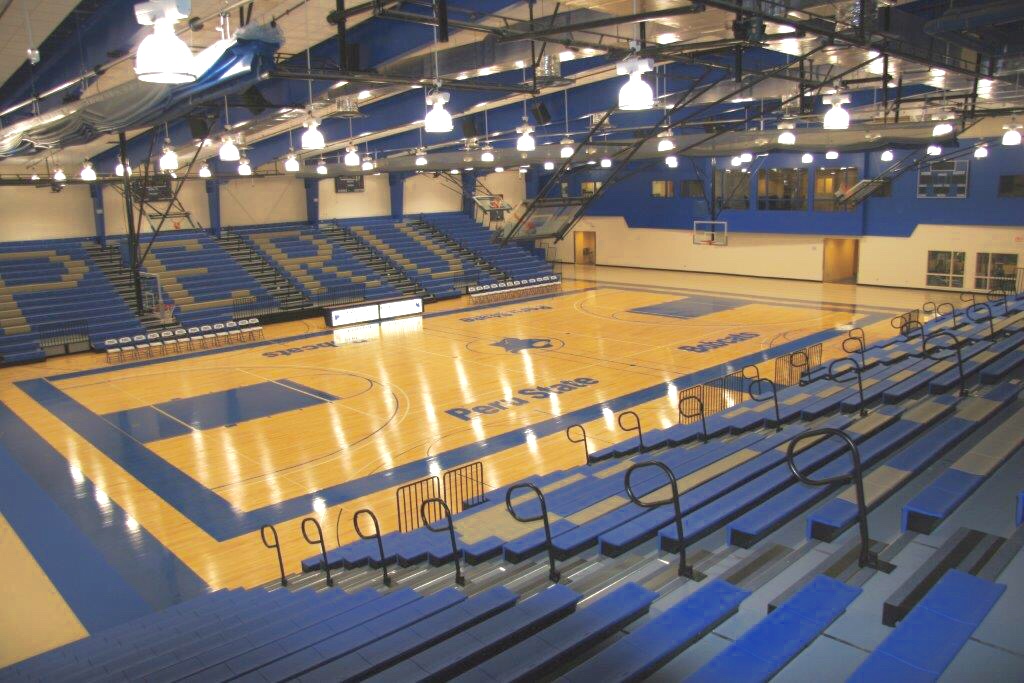 A view of the Court area from the top of the open bleachers in the Al Wheeler Activity Center.