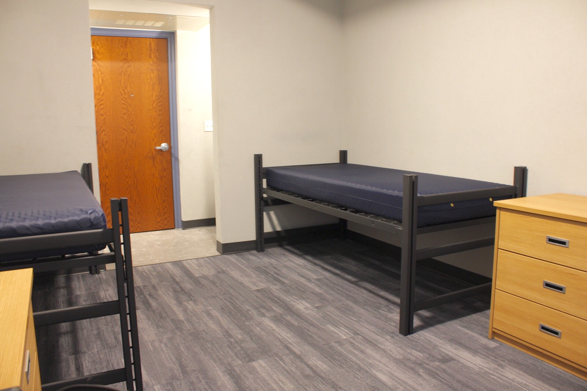 Delzell Hall room showing 2 bed frames, mattresses and dressers.