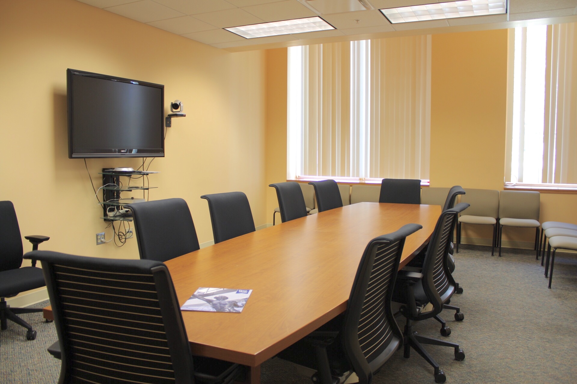Hoyt Conference room showing table, chairs, wall mounted tv and webcam.
