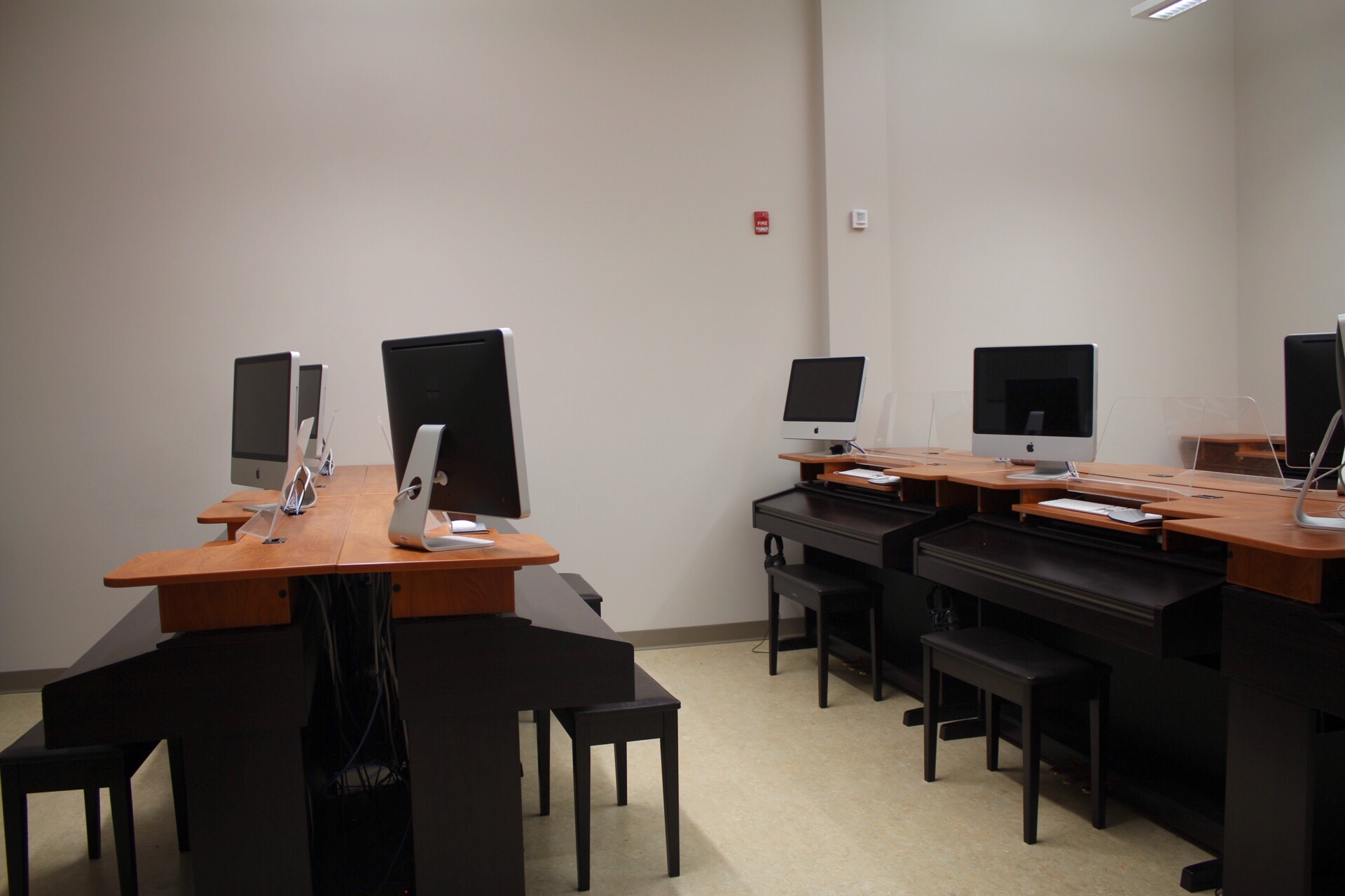 Another view of the work stations and electronic keyboards in the Jindra Fine Arts Music Lab.
