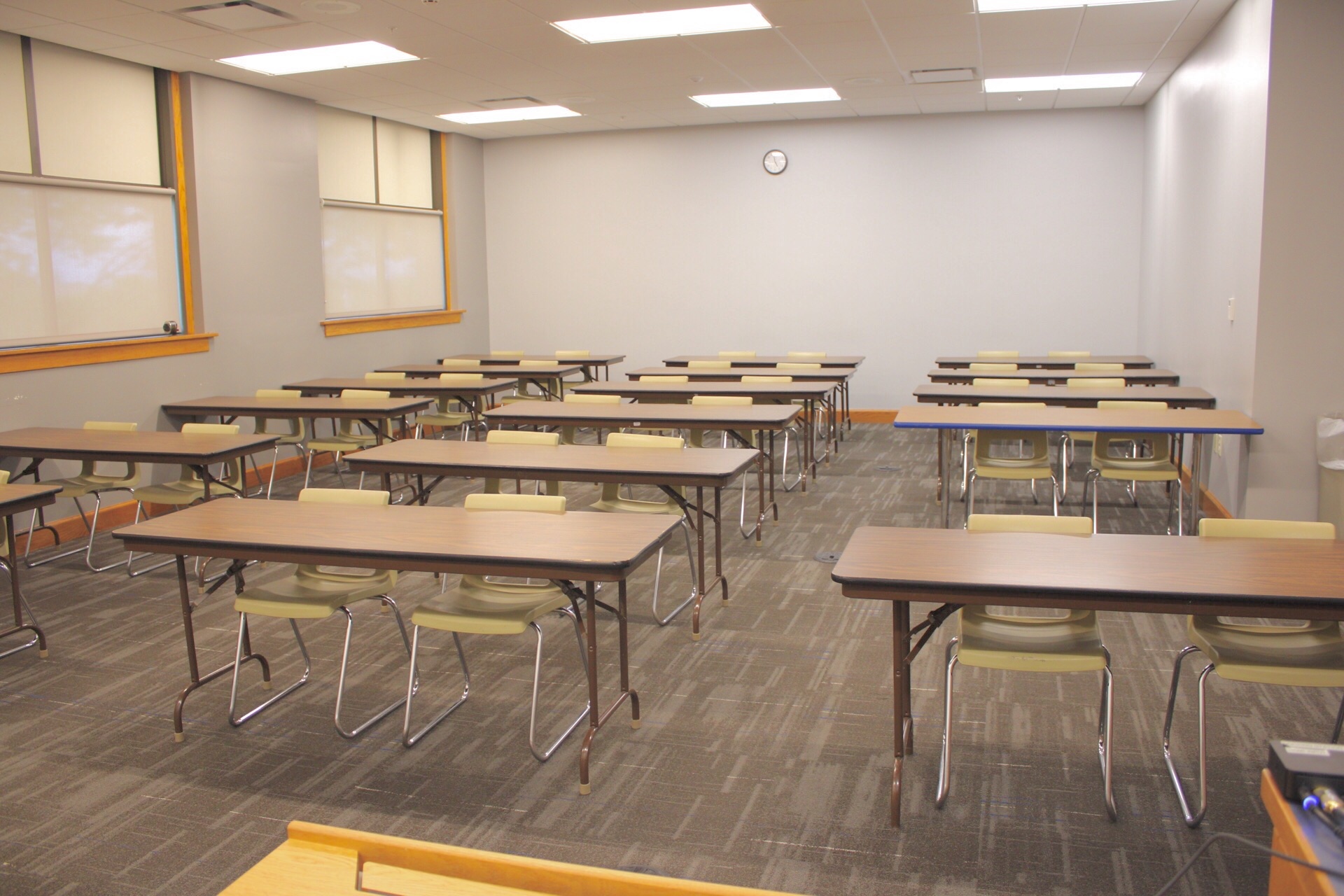 A view from the front of TJ Majors 301 showing tables and chairs.