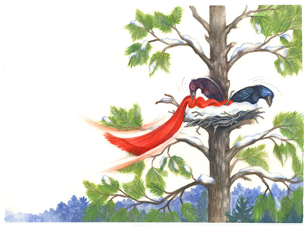 Two birds using a red scarf to line their nest.