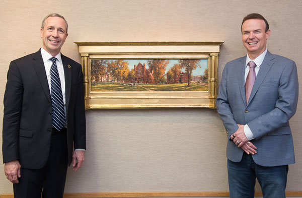 President of Peru State College, Dr. Dan Hanson, with Todd Williams to either side of the Nemaha County painting.