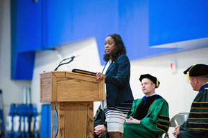 Connie Edmond speaking at Convocation.