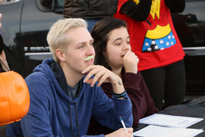 Shawn Gaskill and Sophie Marks, students at Peru State, judged the Trunk-or-Treat Costume Contest.