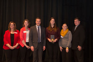1st Place Web Page Design Photo, left to right: Lisa Parriott, businss faculty and business contest director; Peru State student, Hannah Chubbuck; Vice President of Academic Affairs, Dr. Tim Borchers; 1st place student, Rachel Jarvis, Lincoln Northeast High School; Lincoln Northeast instructor Jocelyn Crabtree; and Dr. Greg Galardi, Dean of the School of Professional Studies. 