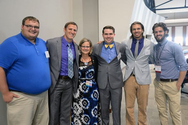 Fauver with Elaine Hanson and four of the Peru State Rotaract founding members, Nathan Bianchi, Jon Holman, Tyler Nutsch and Jake Hodden, 