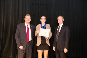 First Place, Senior Individual Performance, Emma Bjork with Todd Simpson, Executive Director of the Peru State College Foundation (left) and Dr. Dan Hanson, President of Peru State College (right).