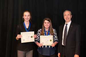 First Place in Junior Group Documentary, Aubrey Bando and Elaina Madison with President of Peru State College, Dr. Dan Hanson
