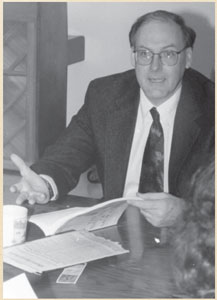 Davis teaching philosophy at some point in the 1990s. Photo courtesy of the Peru State Times and restored by the Omaha World-Herald.