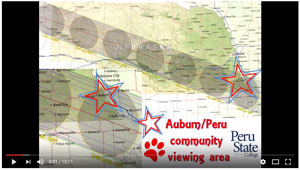 Screenshot of Van Gundy's YouTube Video showing the path of totality through Auburn, Peru and surrounding communities.