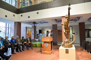 Victor Issa speaking after the unveiling of his statue, Power of Thought. The statue was commissioned by longtime faculty member Dr. Daryl Long and his wife, Peggy.