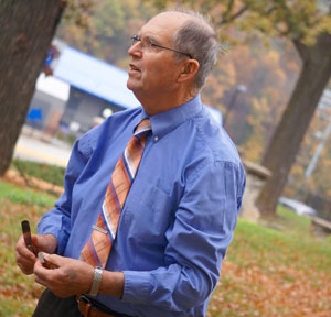  Dr. Long teaching on the Peru State quad.  Photo by Bill Clemente.