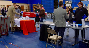 The Superintendent of the Johnson-Brock School District, Jeff Koehler, and the Superintendent of Plattsmouth Community School, Dr. Richard E. Hasty, speak to teacher candidates at the 2016 Career Fair. Photo courtesy of Dr. Bill Clemente.