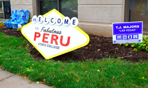 In a Vegas styled sign, T.J. Majors proudly says "Welcome to fabulous Peru State College"