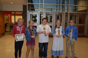 Best Visual Presentation, Chloe Vice; Fourth Place, Brooklyn Buchmeier ; Third Place, Bristan Blecha; Second Place, Kolbi Davis; First Place, Christopher Melvin. Missing from the picture is Caleb Roush, Best Oral Presentation.