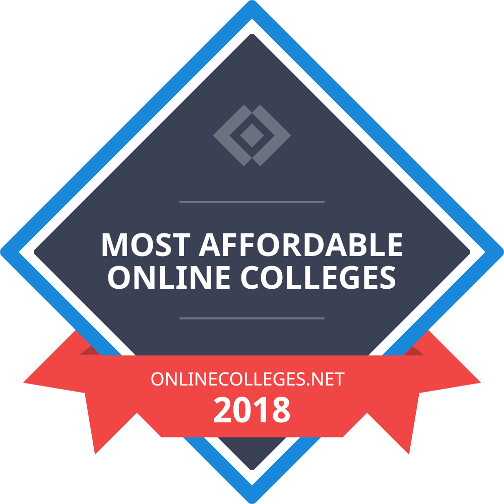 The badge reads Most Affordable Online Colleges 2018