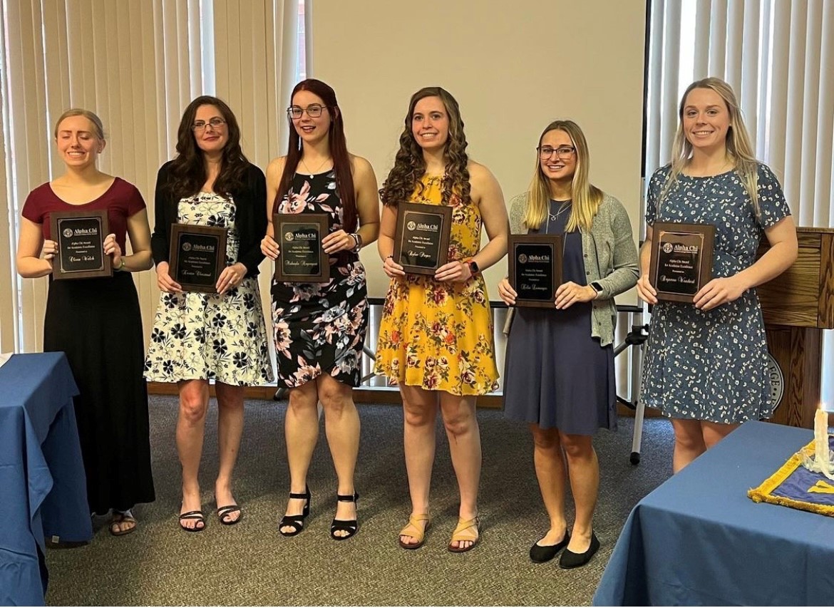 Recently inducted into Alpha Chi at Peru State College were (l to r): Olivia Welch, Kristin Olmstead, MaKayla Nagengast, Rylee Pieper, Kelsi Leininger, and Bryanna Woodard.