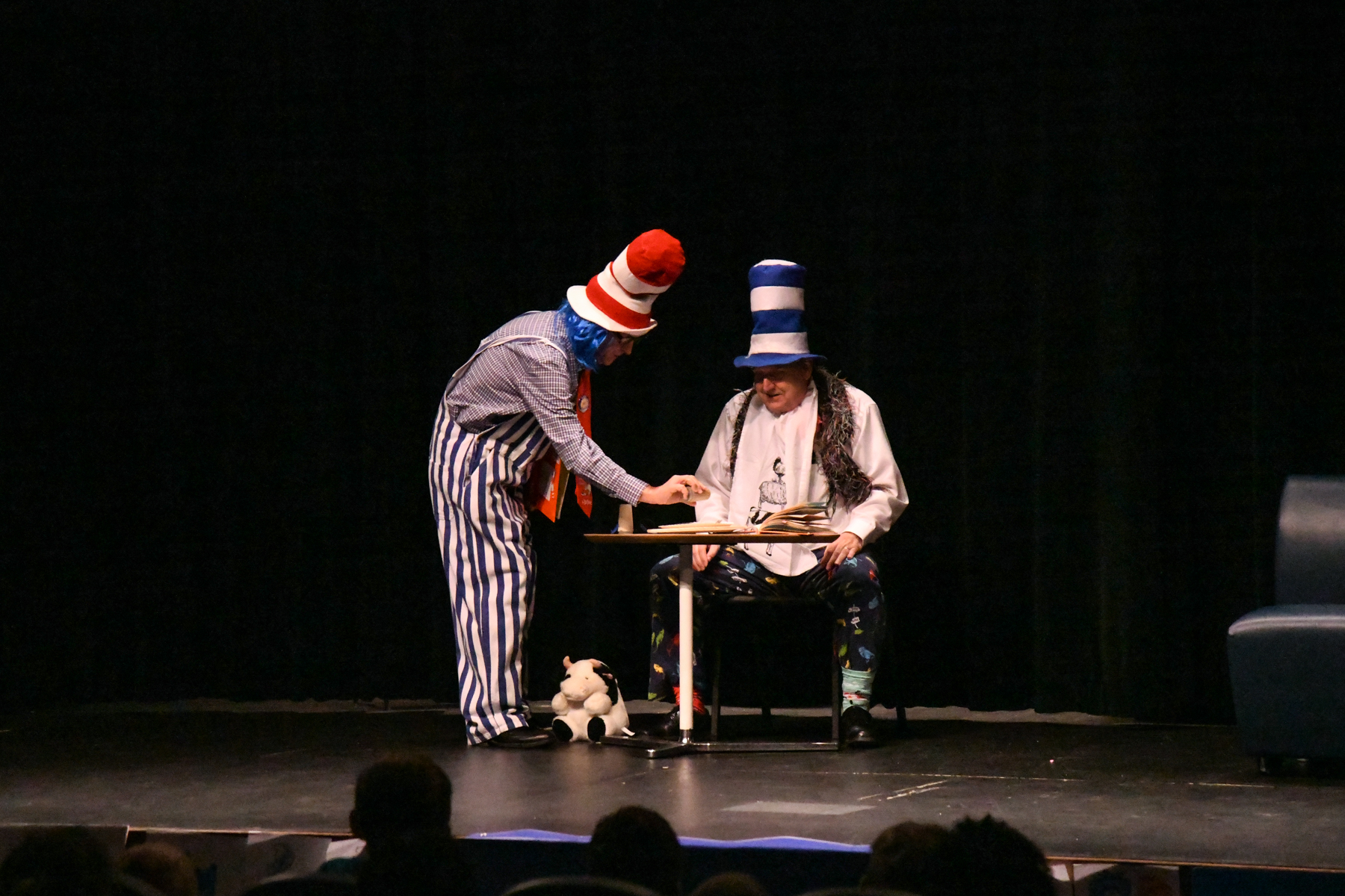 One annual tradition of the Dr. Seuss Event is the presentation of Green Eggs and Ham – this year performed by Peru State Foundation Interim Director Ted L. Harshbarger (l) and Dean of Arts and Sciences Dr. Paul Hinrichs.