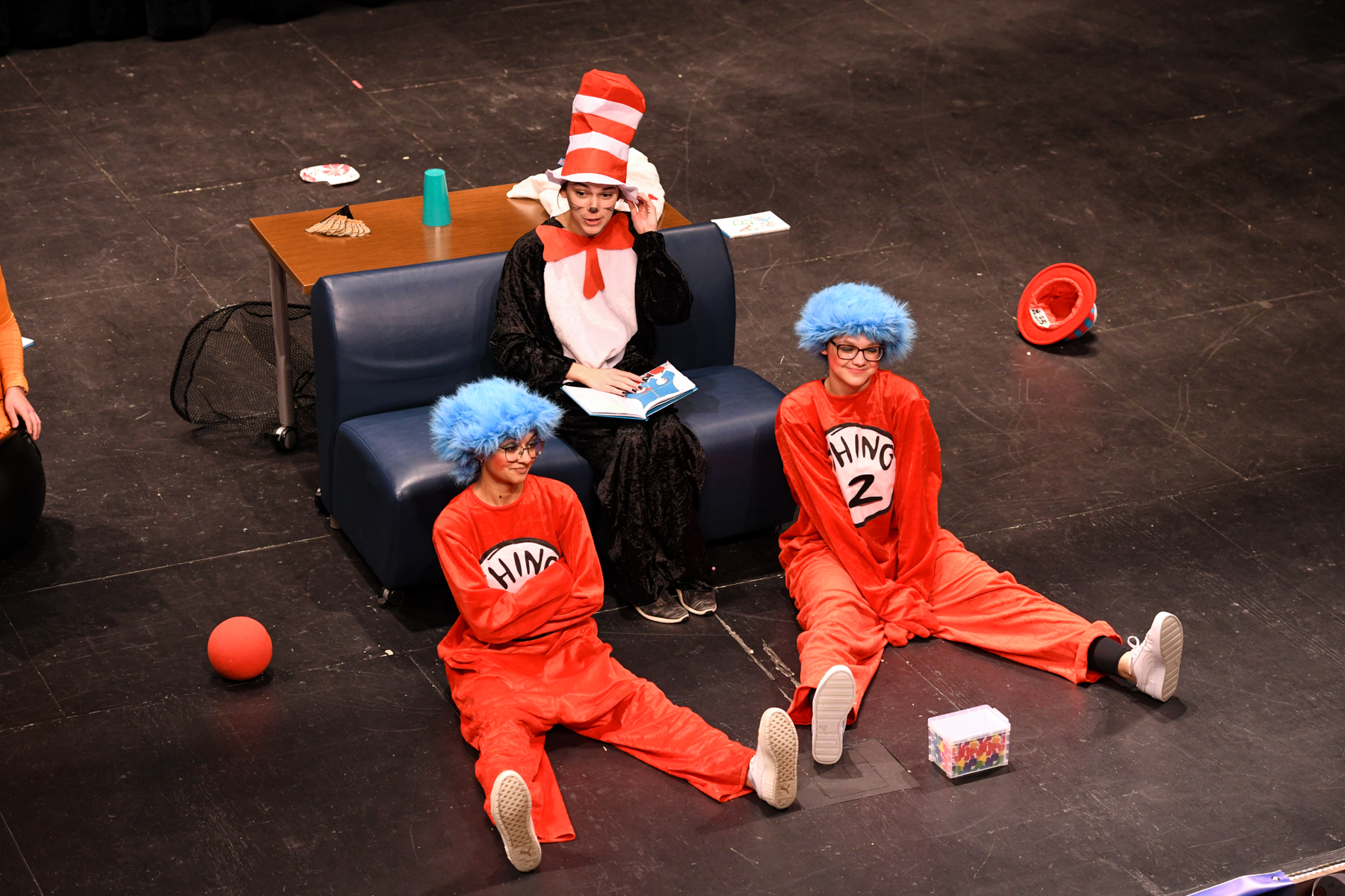 Education students portray cat in the hat, thing 1 and thing 2