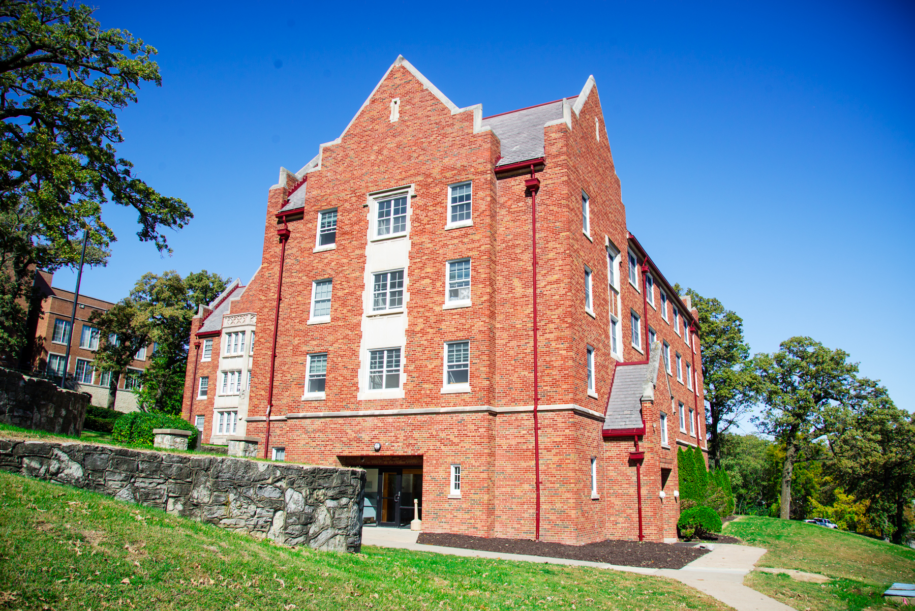 A view of the back of Delzell Residence Hall.