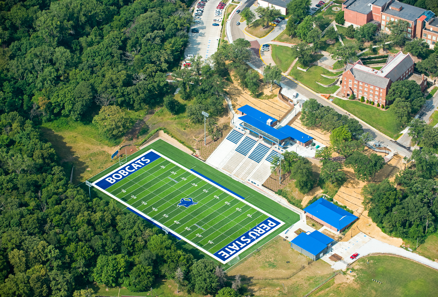 An aerial view of the Oak Bowl football stadium.