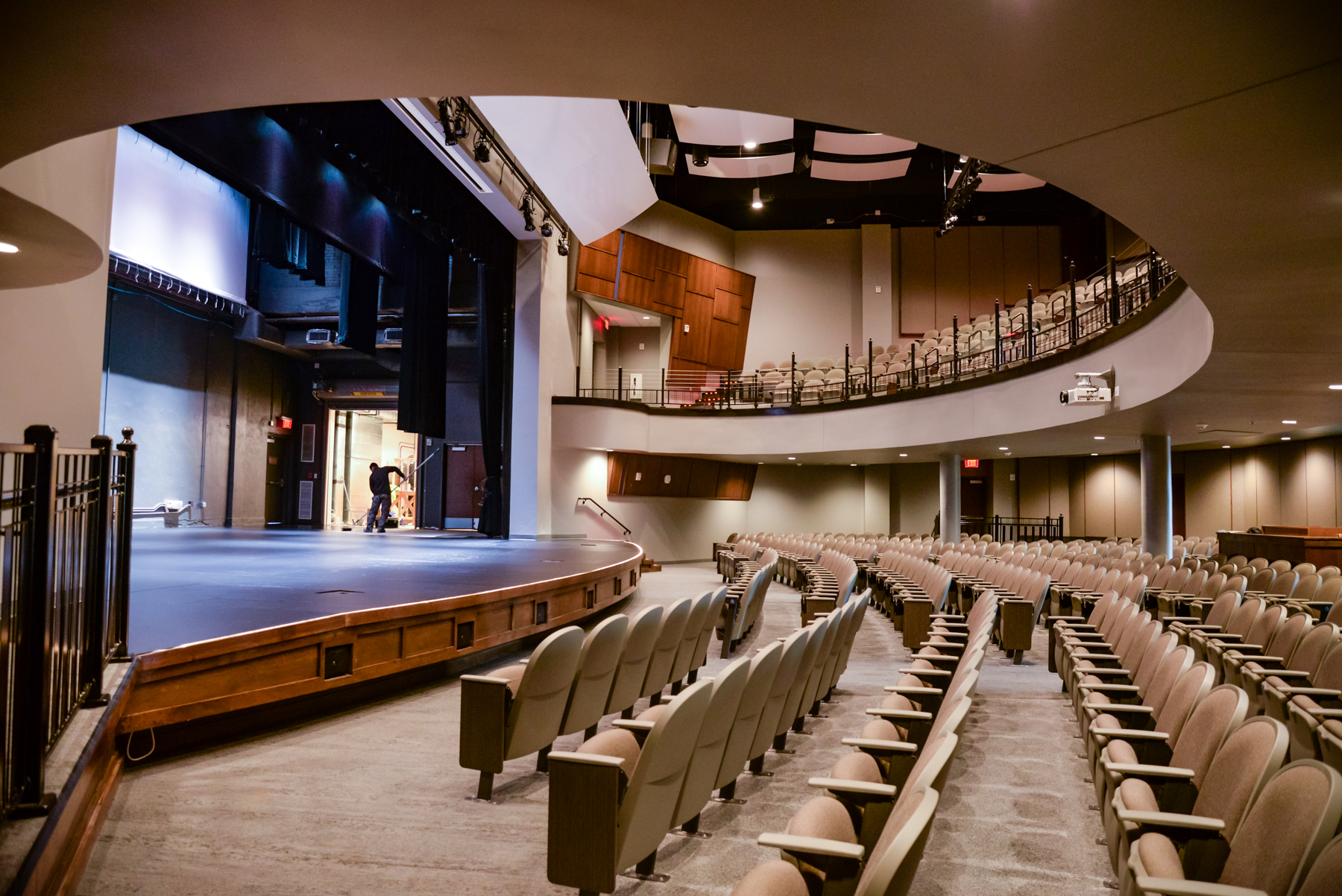 Interior view of the auditorium and stage of the Performing Arts Center.
